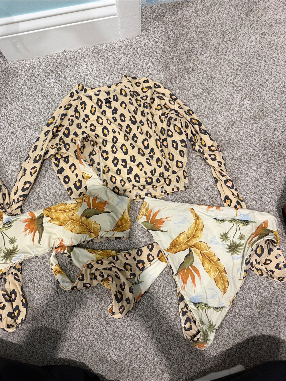 4 pieces Leopard Print Long-Sleeve Top and Tropical Bikini Bottoms Set
